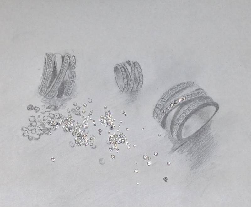 Croquis pour création d'une bague volume, multifils platine montée avec des diamants