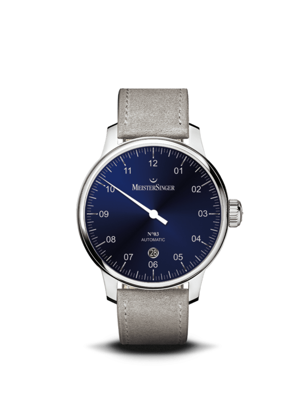 Montre de luxe MeisterSinger N°03 - 40 mm avec date Bleu acier Bracelet Milanais